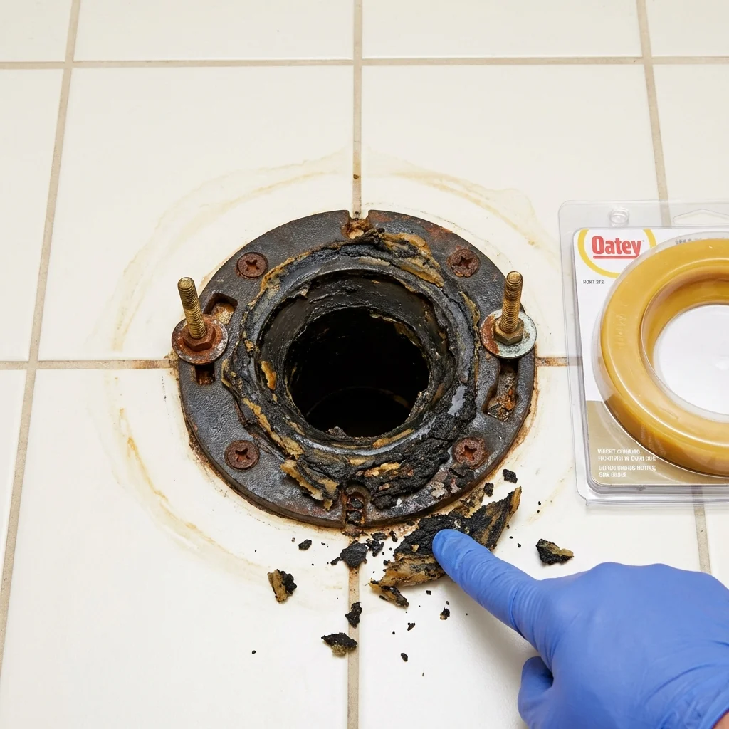 Failed wax ring showing water seepage at the base of a toilet in a Madison, NC home