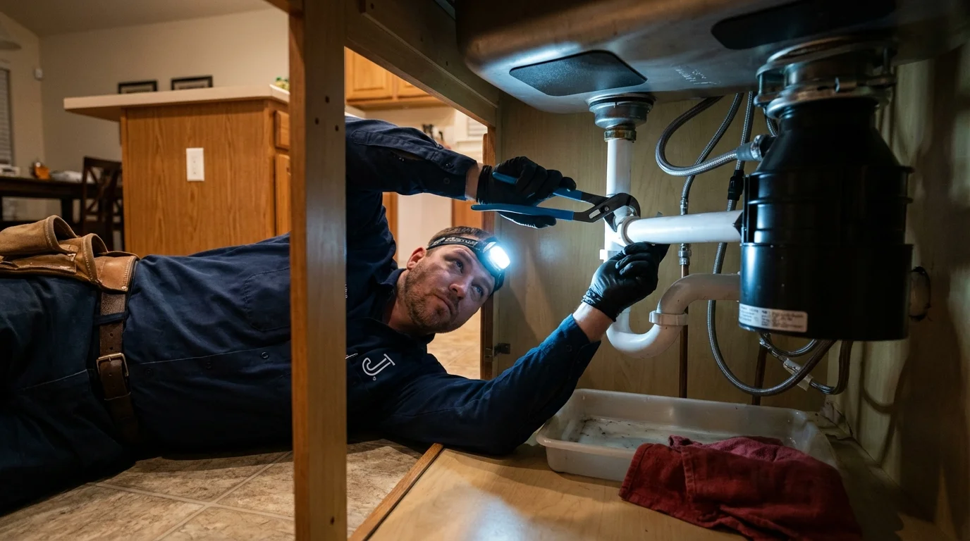 P-trap and supply line connections under a kitchen sink showing a common leak point in Madison, NC